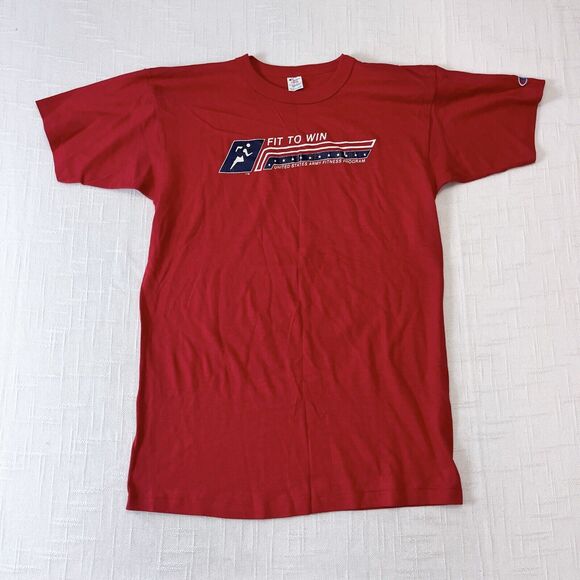 80s Champion Fit To Win Army T Shirt Long L Vtg Red USA Made Single Stitched - Picture 1 of 8